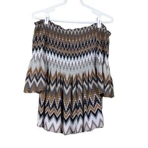 Cato Womens Large Shirt Brown Off Shoulder Stretch Chevron Butterfly 3/4 Sleeve